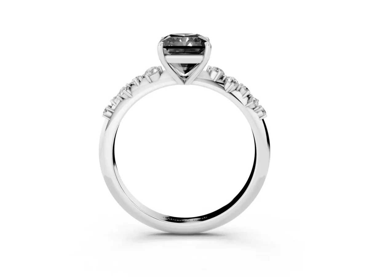 Fancy Black Radiant Cut Diamond Cluster Side Stone Solitaire Ring with Prong Setting Silver