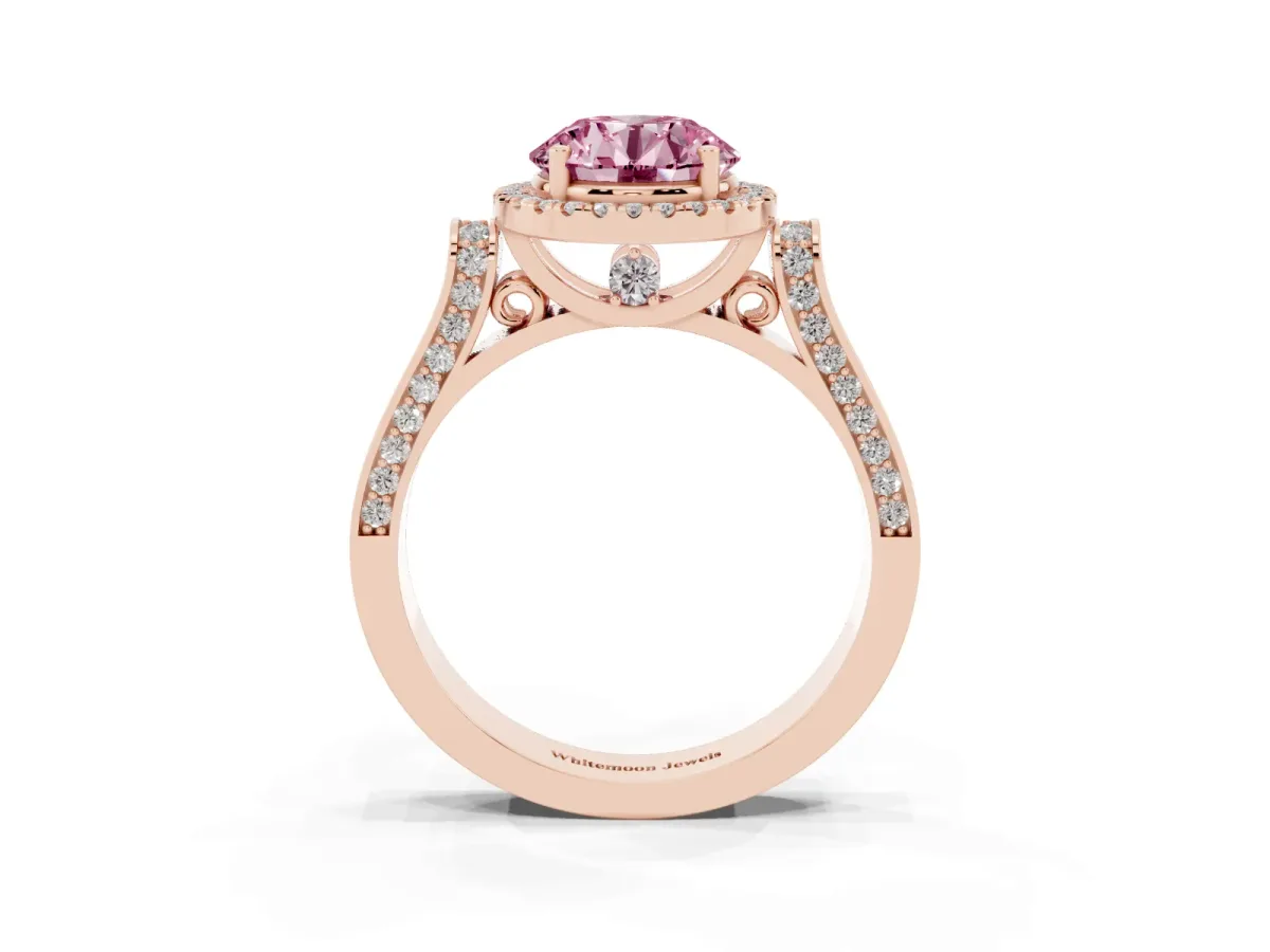 Fancy Pink Round Cut Halo Round Diamond Twist Band with Four-Prong Setting Rose gold