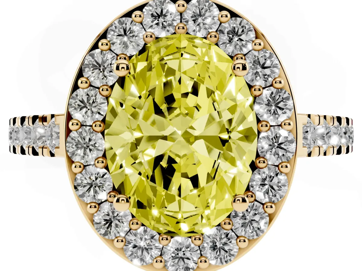 Fancy Yellow Oval Cut Diamond Halo Ring with Round Pavé Split Shank and Prong Setting Yellow gold