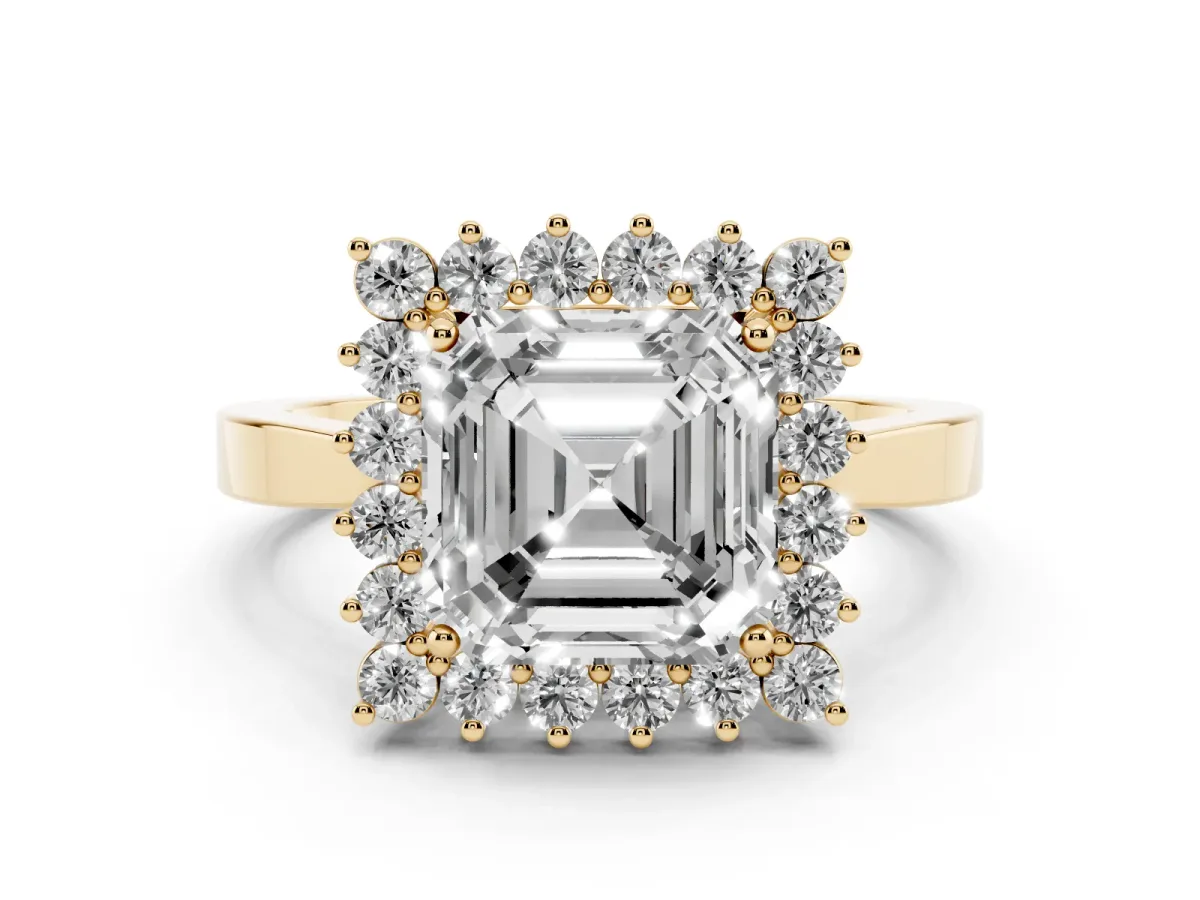 Asscher Cut Cut Diamond Halo Ring with Round Brilliant Halo and Solitaire Band Yellow gold