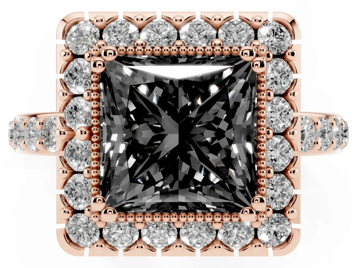 Fancy Black Princess Cut Diamond Halo Ring with Pavé Band and Prong Setting Rose gold