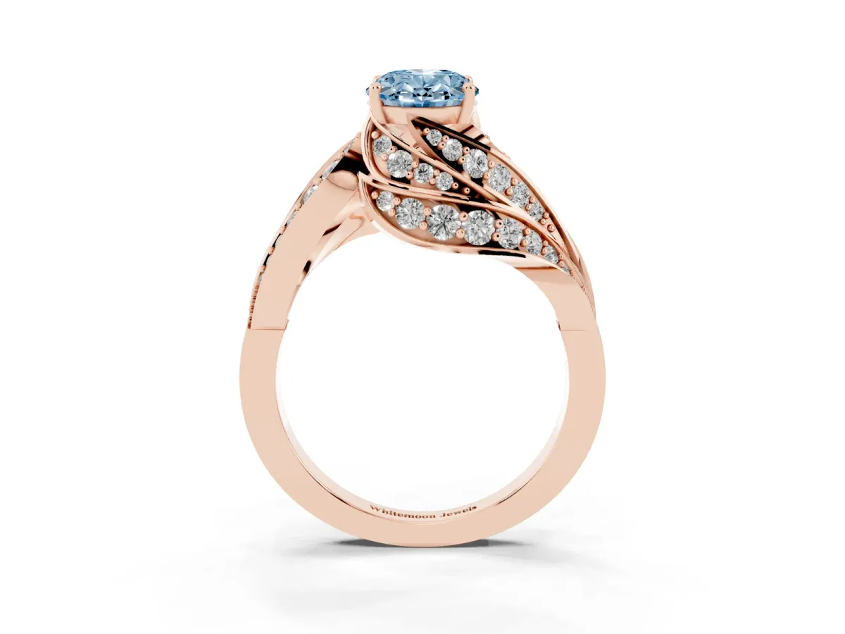 Fancy Blue Oval Cut Diamond Solitaire Ring with Prong Setting and Twisted Pavé Band Rose gold