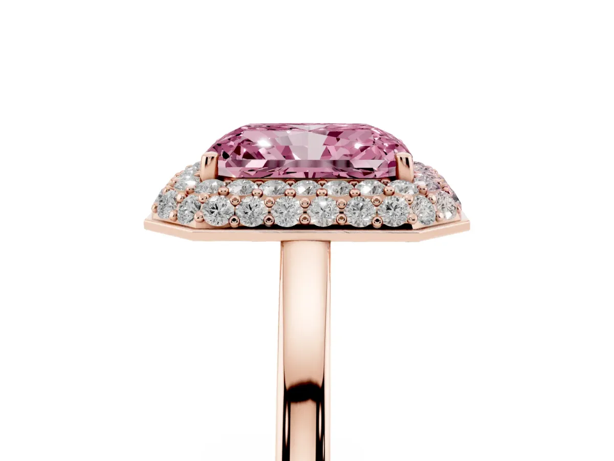 Fancy Pink Radiant Cut Halo Diamond Engagement Ring with Solitaire Band and Four-Prong Setting Rose gold
