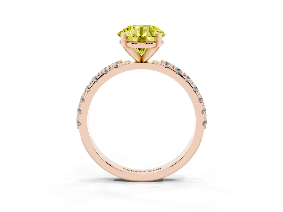 Fancy Yellow Round Cut Diamond Solitaire Pavé Band with Four-Prong Setting Rose gold