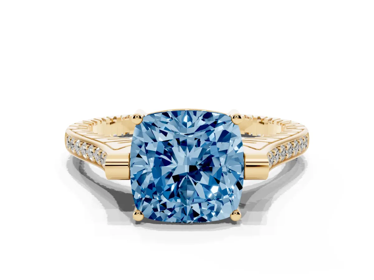 Fancy Blue Cushion Cut Solitaire Diamond Ring with Channel Set Band and Bezel Prong Setting Yellow gold