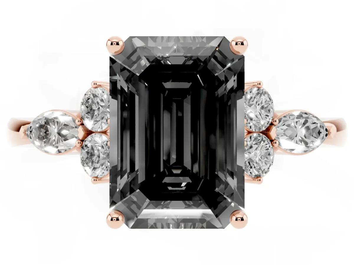Fancy Black Emerald Cut Brilliant Diamond Solitaire Ring with Pear Side Stones and Four-Prong Setting Rose gold