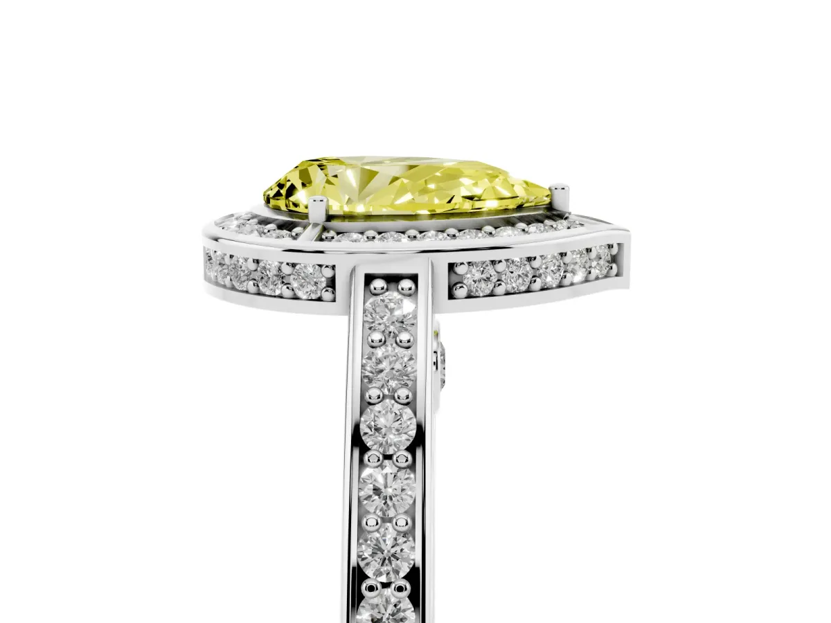 Fancy Yellow Pear Cut Cut Halo Pave Split Shank Prong Setting Ring Platinum