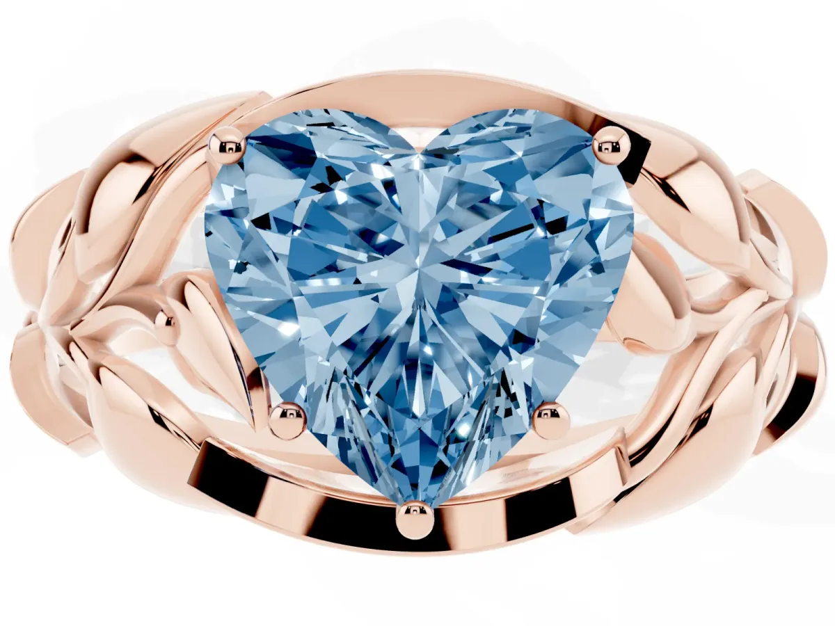 Fancy Blue Heart Cut Diamond Leaf-Inspired Engagement Ring with Round Accents and Prong Setting Rose gold