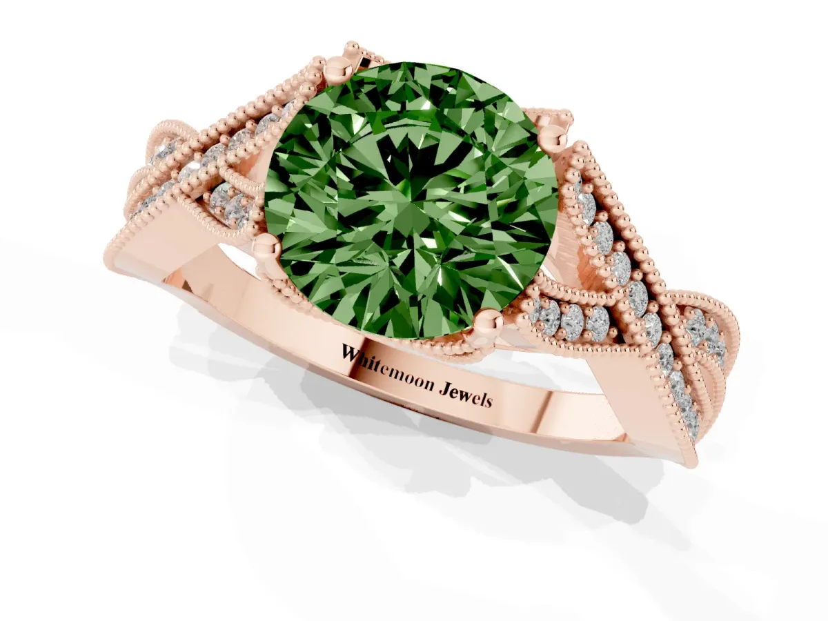 Fancy Green Round Cut Cut Diamond Twisted Band with Milgrain Pave Setting and Four-Prong Setting Rose gold