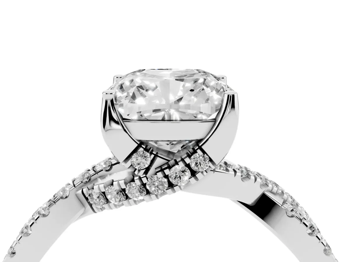 Cushion Cut Solitaire Twist Pave Diamond Engagement Ring with Prong Setting Silver