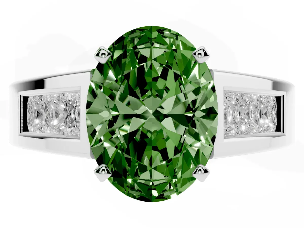 Fancy Green Oval Cut Cut Channel Set Solitaire Ring with Four-Prong Setting Silver