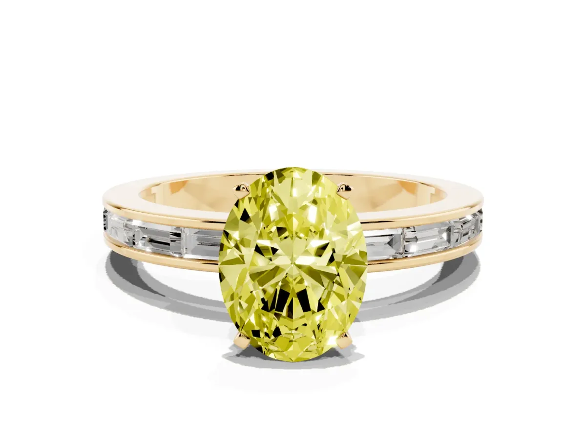 Fancy Yellow Oval Cut Solitaire Diamond Ring with Channel-Set Baguette Band and Four-Prong Setting Yellow gold