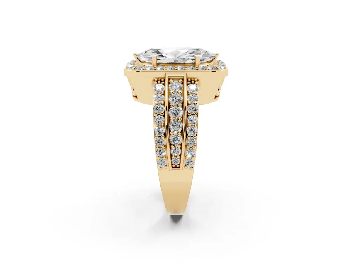 Marquise Cut Halo Diamond Ring with Round Split Shank and Prong Setting Yellow gold