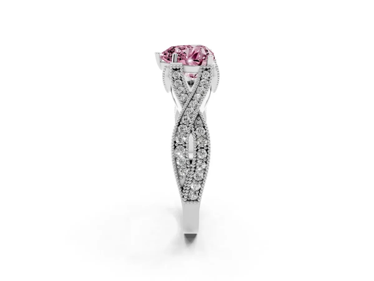 Fancy Pink Heart Cut Cut Diamond Twisted Band with Milgrain Pave Setting and Four-Prong Setting Silver
