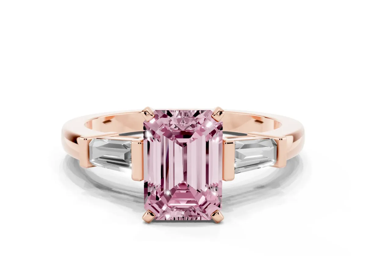 Fancy Pink Emerald Cut Cut Diamond Solitaire Ring with Tapered Baguette Accents and Four-Prong Setting Rose gold