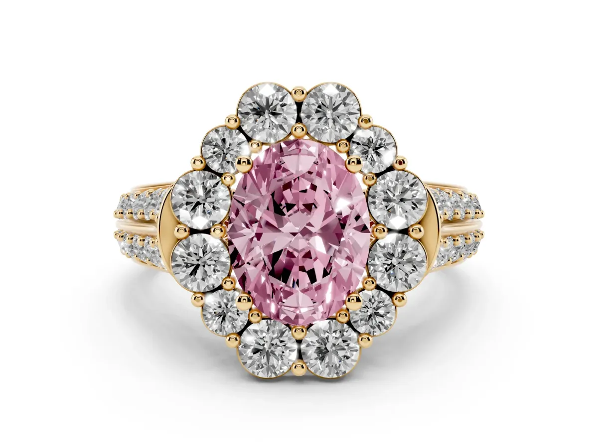 Fancy Pink Oval Cut Halo Diamond Engagement Ring with Split Shank and Prong Setting Yellow gold