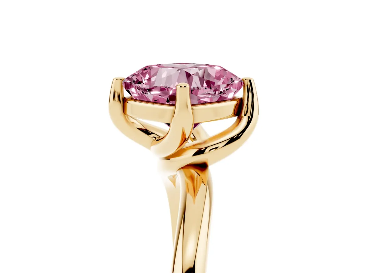 Fancy Pink Cushion Cut Diamond Solitaire Engagement Ring with Four-Prong Setting and Classic Band Yellow gold