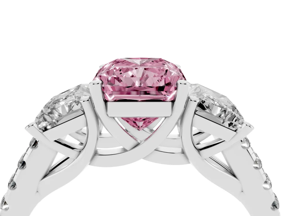 Fancy Pink Three-Stone Radiant Cut Diamond Ring with Round Pavé Band and Prong Setting Silver