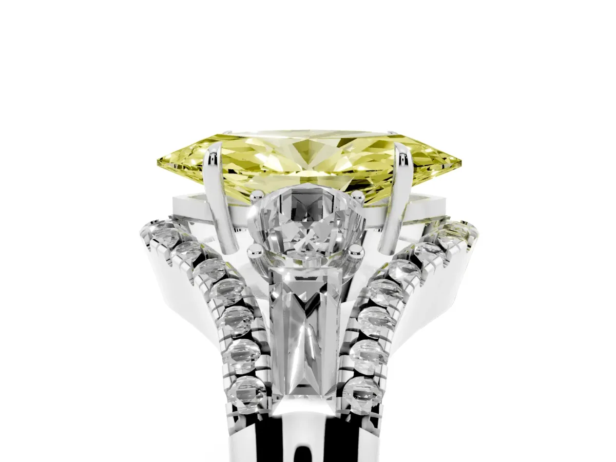 Fancy Yellow Three-Stone Marquise Cut Diamond Engagement Ring with Pave Band and Prong Setting Silver