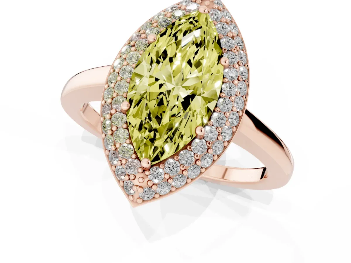 Fancy Yellow Marquise Cut Halo Diamond Engagement Ring with Solitaire Band and Four-Prong Setting Rose gold
