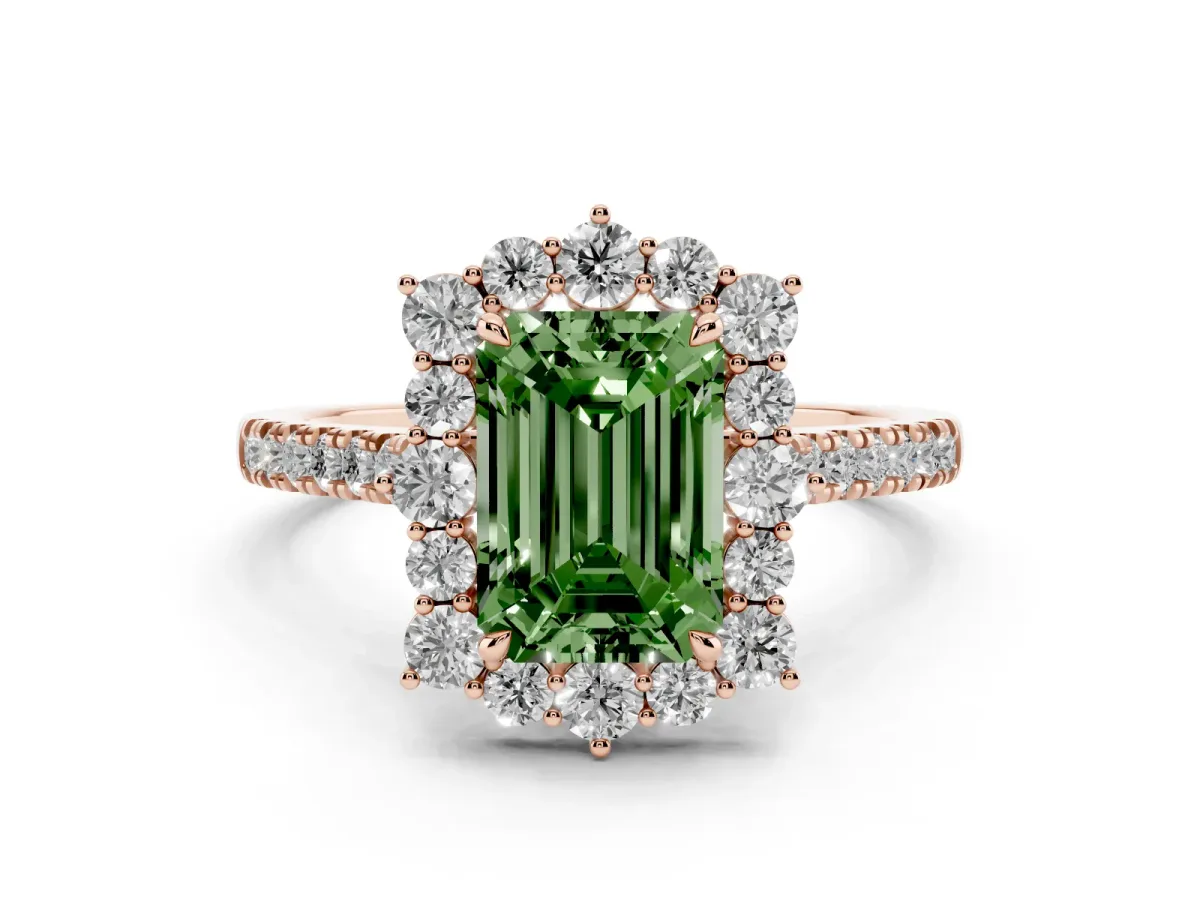 Fancy Green Emerald Cut Halo Diamond Ring with Pavé Band and Prong Setting Rose gold