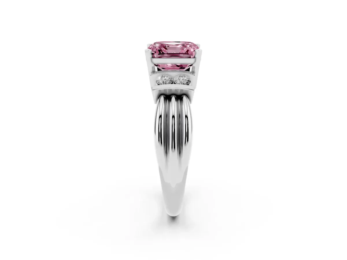 Fancy Pink Asscher Cut Cut Three-Stone Channel Set Ring with Bar Prongs Silver