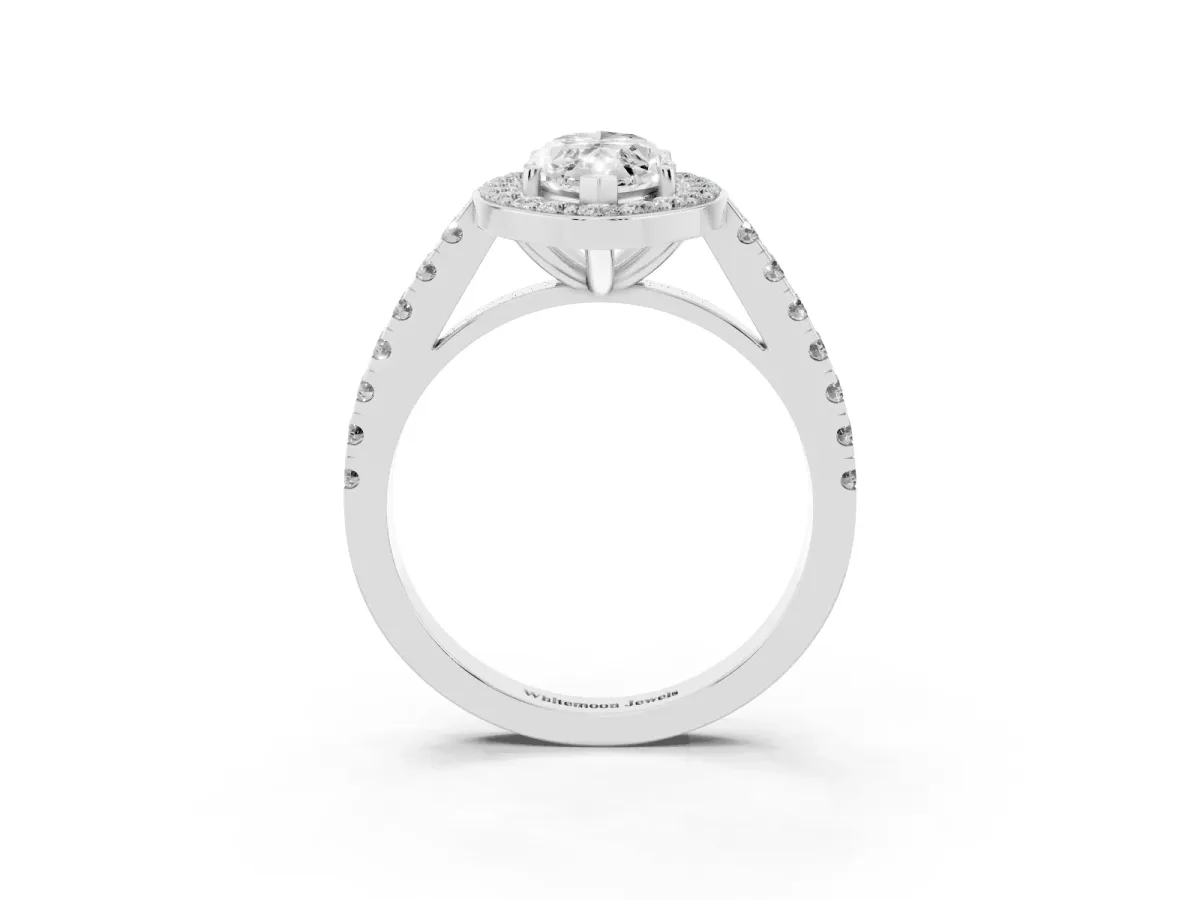 Marquise Cut Diamond Halo Ring with Round Pavé Split Shank and Prong Setting Silver