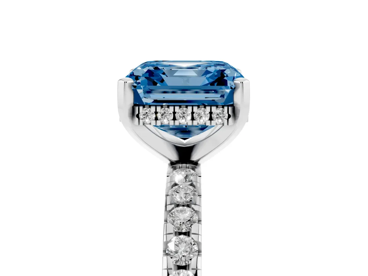 Fancy Blue Asscher Cut Diamond Solitaire Ring with Round Pavé Band and Four-Prong Setting Silver
