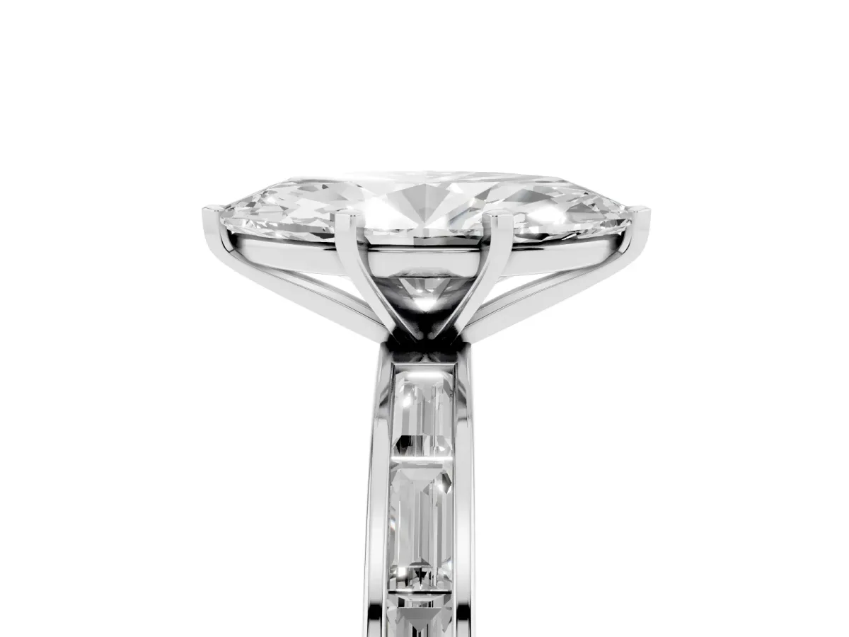 Marquise Cut Solitaire Diamond Ring with Channel-Set Baguette Band and Four-Prong Setting Platinum
