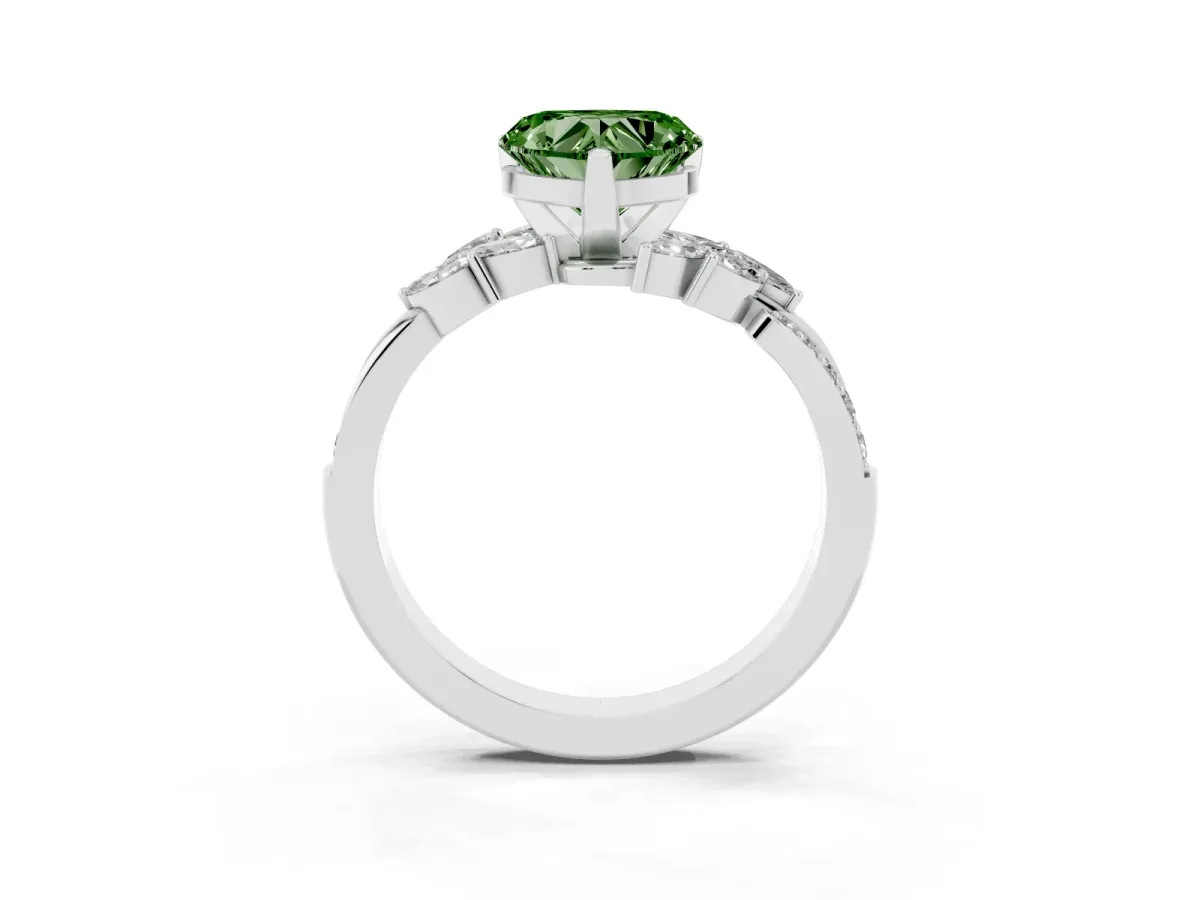 Fancy Green Heart Cut Solitaire Marquise Twist Band with Six-Prong Setting Silver