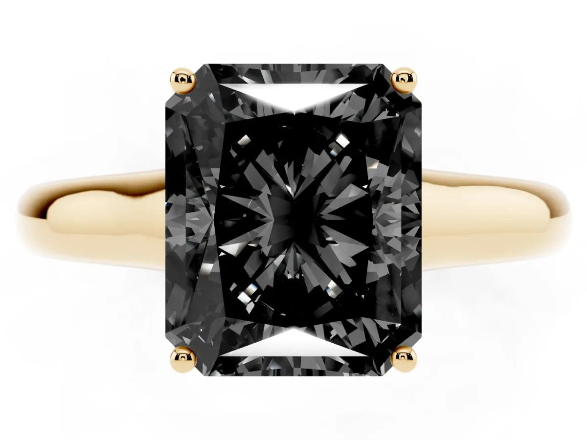 Fancy Black Radiant Cut Solitaire Engagement Ring with Tapered Band and Four-Prong Setting Yellow gold