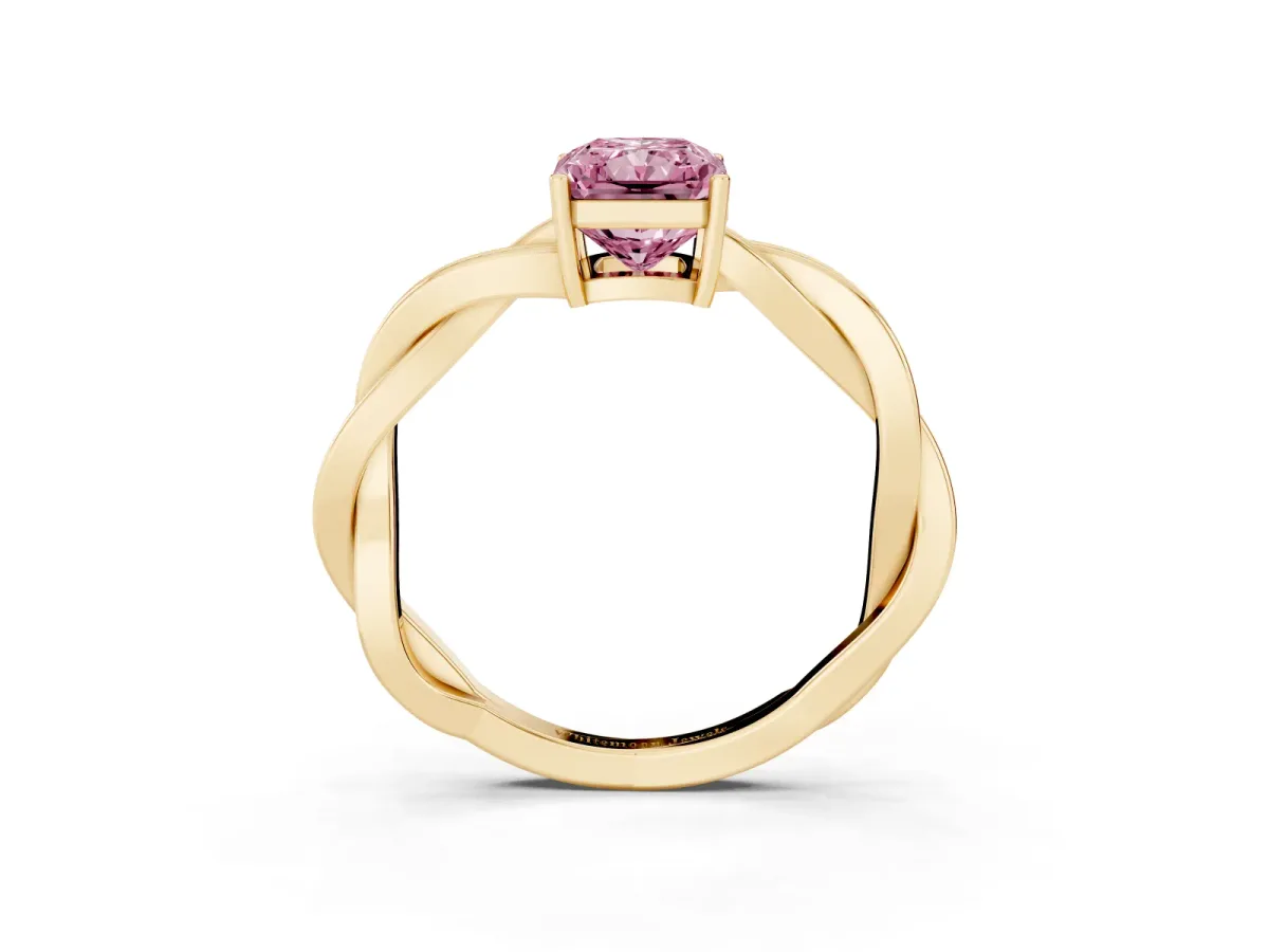 Fancy Pink Radiant Cut Solitaire Twisted Pave Diamond Ring with Four-Prong Setting Yellow gold