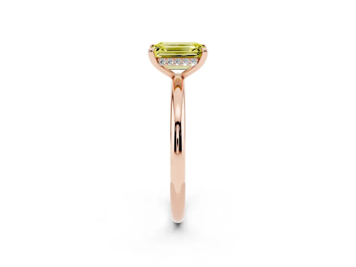 Fancy Yellow Emerald Cut Diamond Solitaire Ring with Thin Band and Four-Prong Setting Rose gold