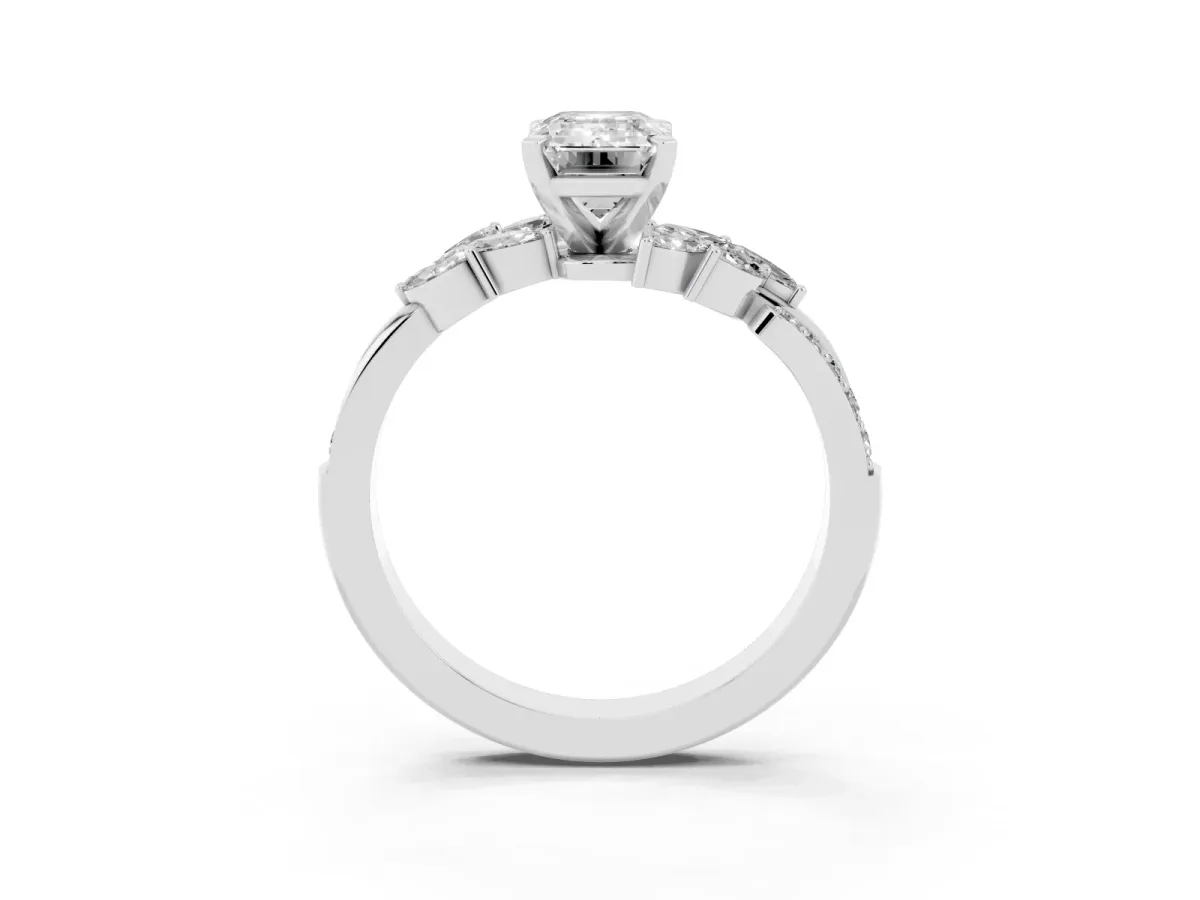 Emerald Cut Solitaire Marquise Twist Band with Six-Prong Setting Silver