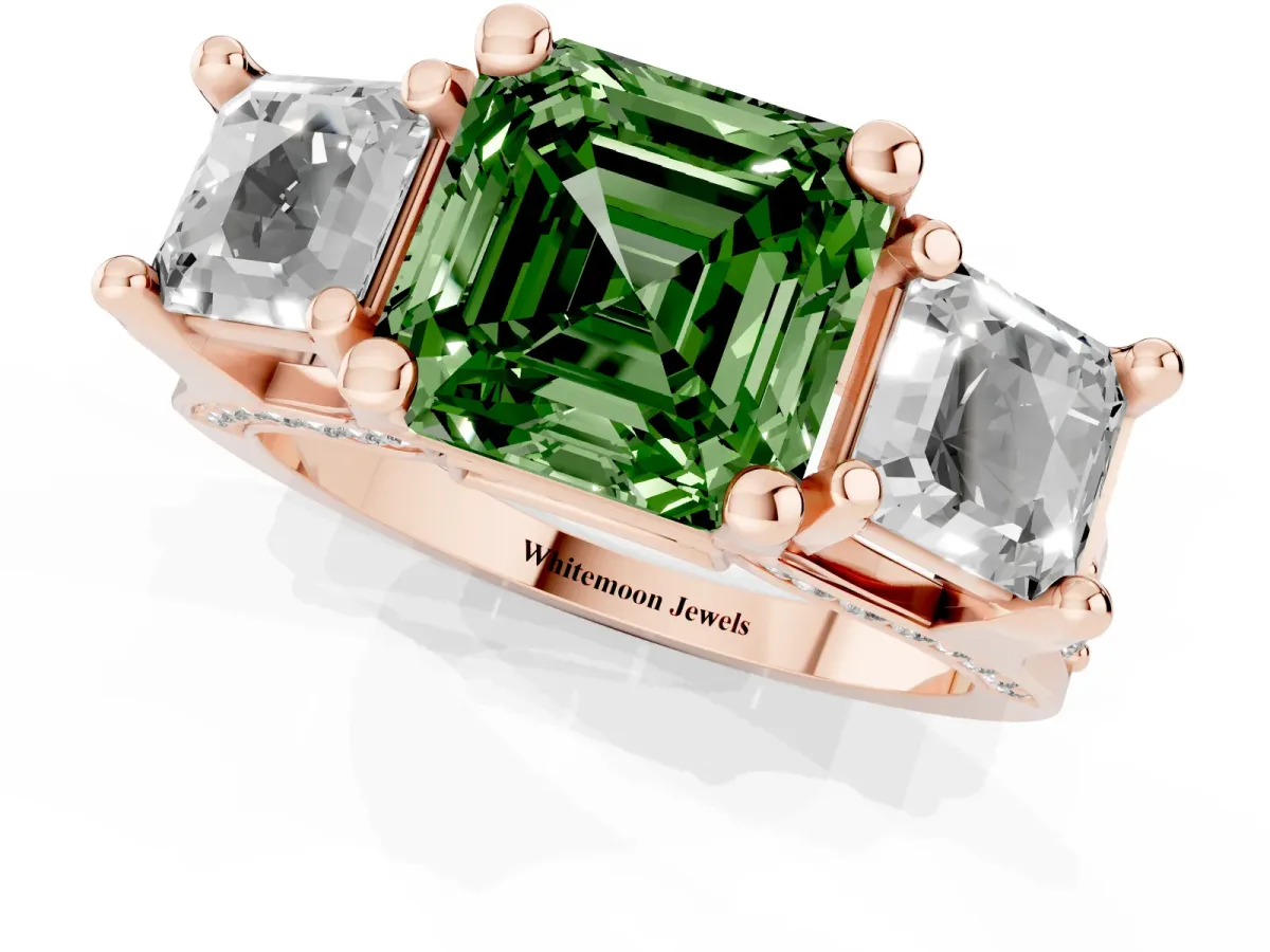 Fancy Green Asscher Cut Diamond Three-Stone Ring with Channel Set Band and Four-Prong Setting Rose gold