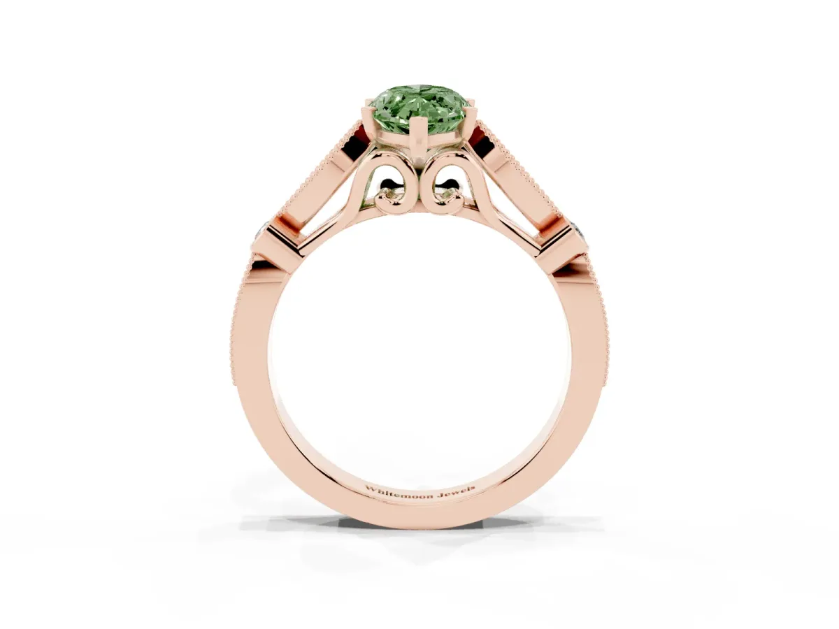 Fancy Green Marquise Cut Cut Diamond with Milgrain Marquise and Bezel Accents on a Solitaire Band with Prong Setting Rose gold