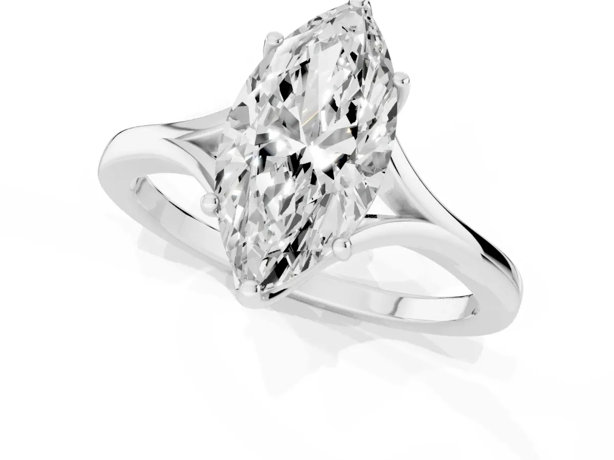 Marquise Cut Solitaire Diamond Ring with Six-Prong Setting and Tapered Band Platinum