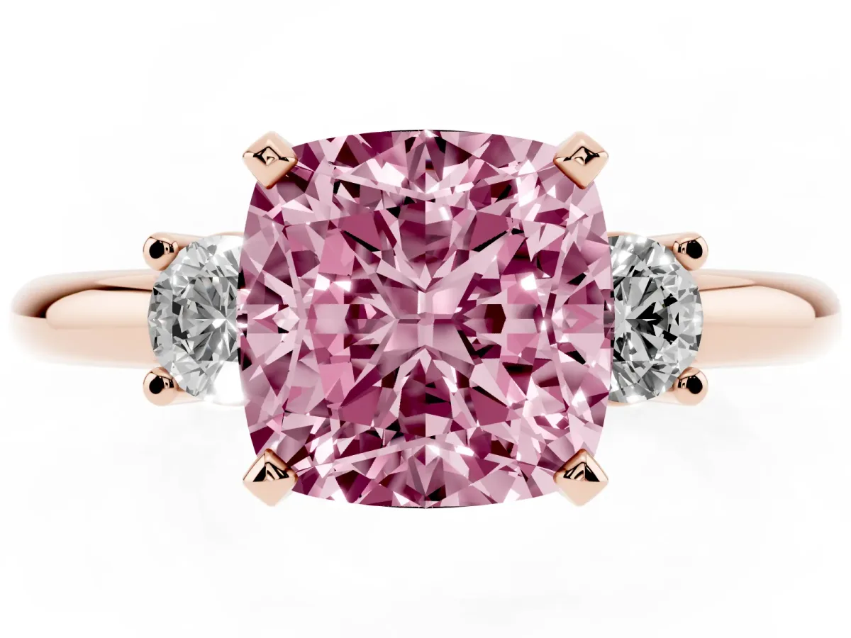 Fancy Pink Three-Stone Cushion Cut Cut Diamond Solitaire with Prong Setting and Classic Band Rose gold