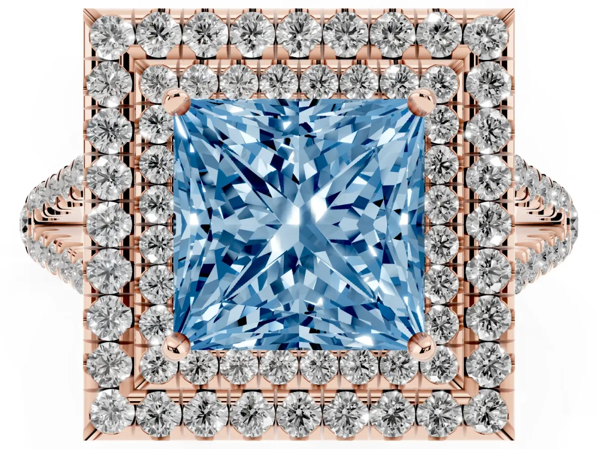 Fancy Blue Princess Cut Diamond Double Halo Ring with Pavé Band and Prong Setting Rose gold