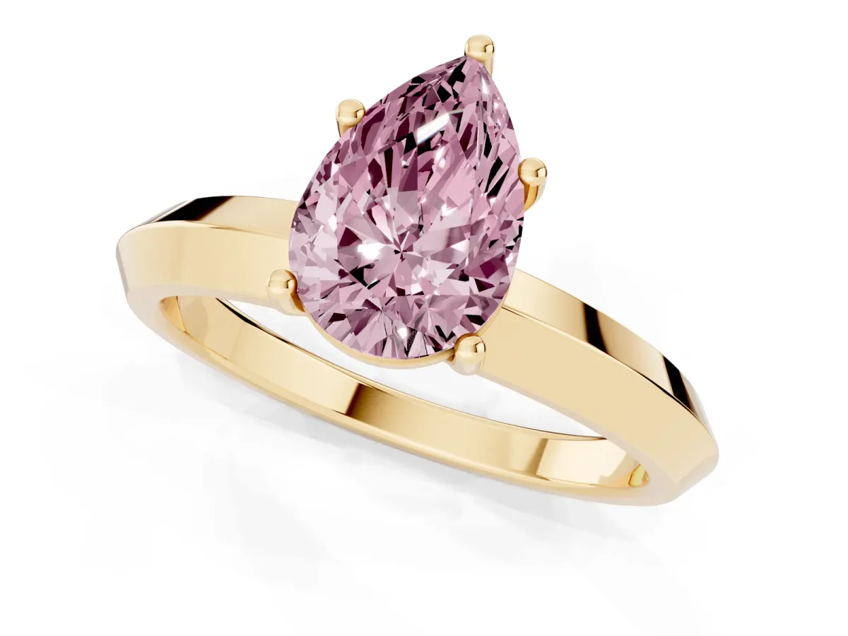 Fancy Pink Pear Cut Cut Solitaire Engagement Ring with Flat Band and Four-Prong Setting Yellow gold