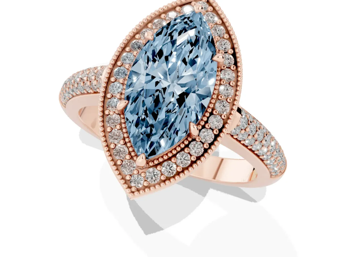 Fancy Blue Marquise Cut Cut Halo Diamond Pave Band with Four-Prong Setting Rose gold