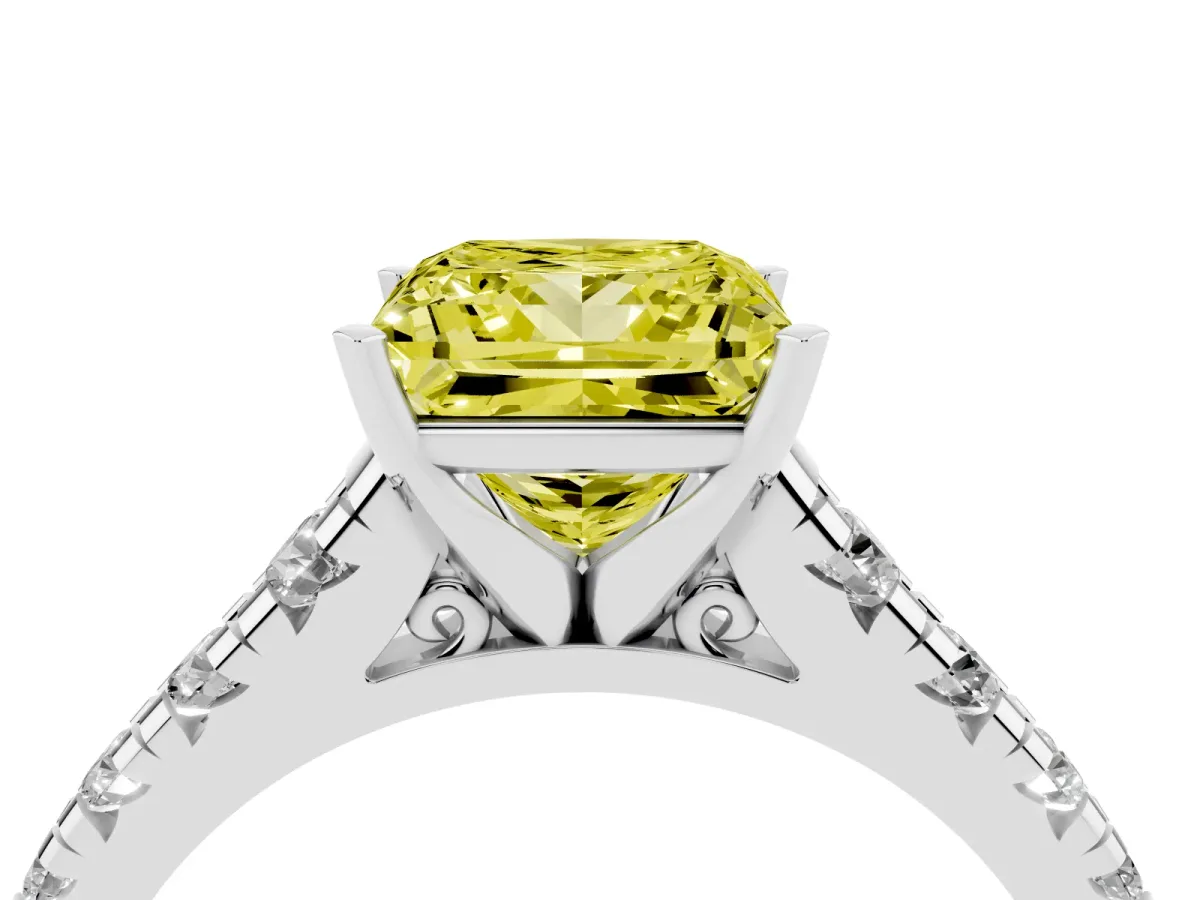 Fancy Yellow Princess Cut Diamond Cathedral Solitaire Ring with Round Pavé Band Silver