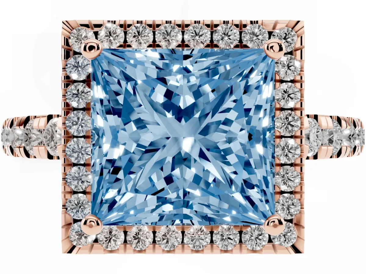 Fancy Blue Princess Cut Diamond Halo Ring with Pavé Band and Four-Prong Setting Rose gold