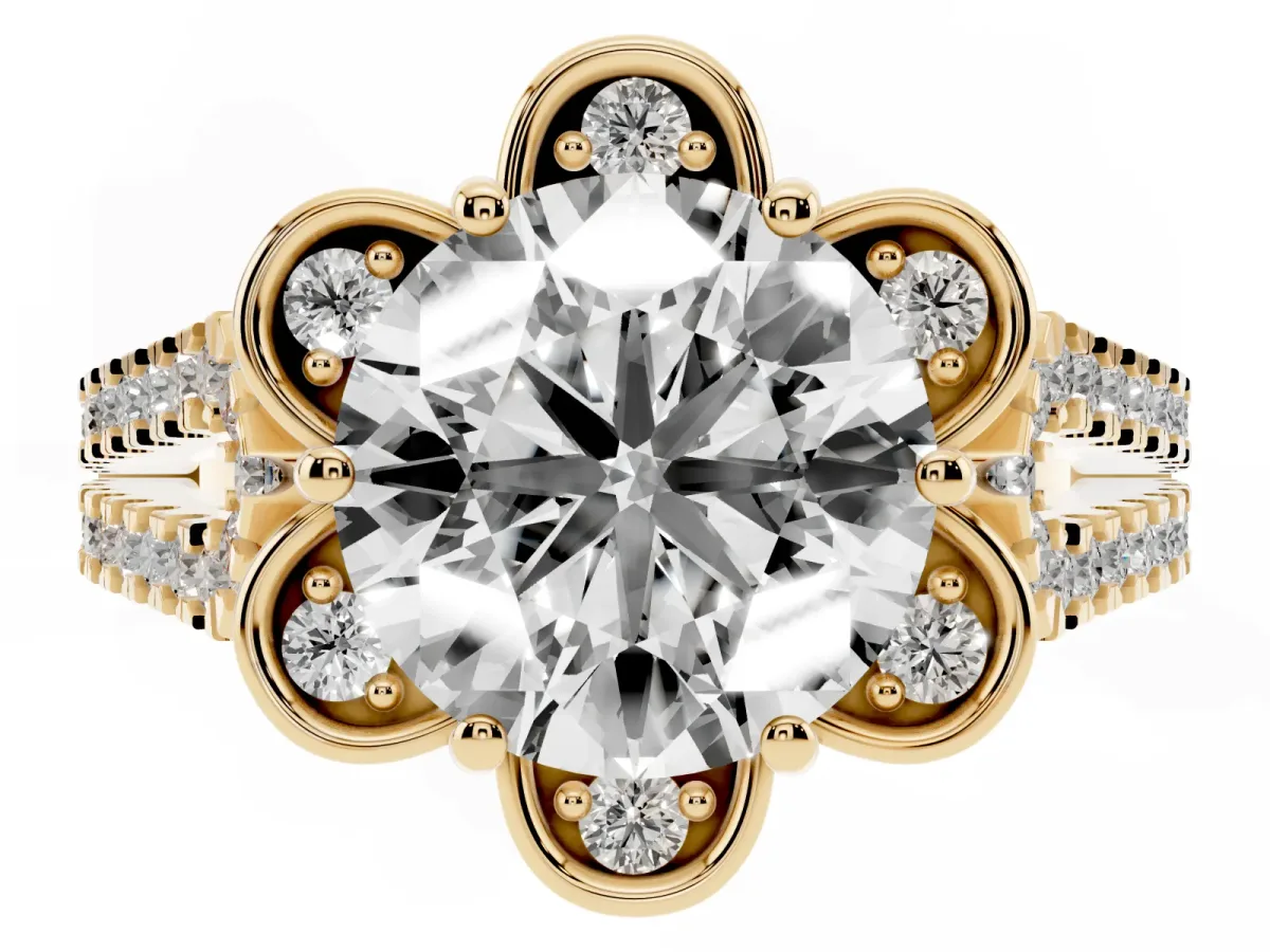 Round Cut Halo Diamond Floral Split Shank Engagement Ring Yellow gold