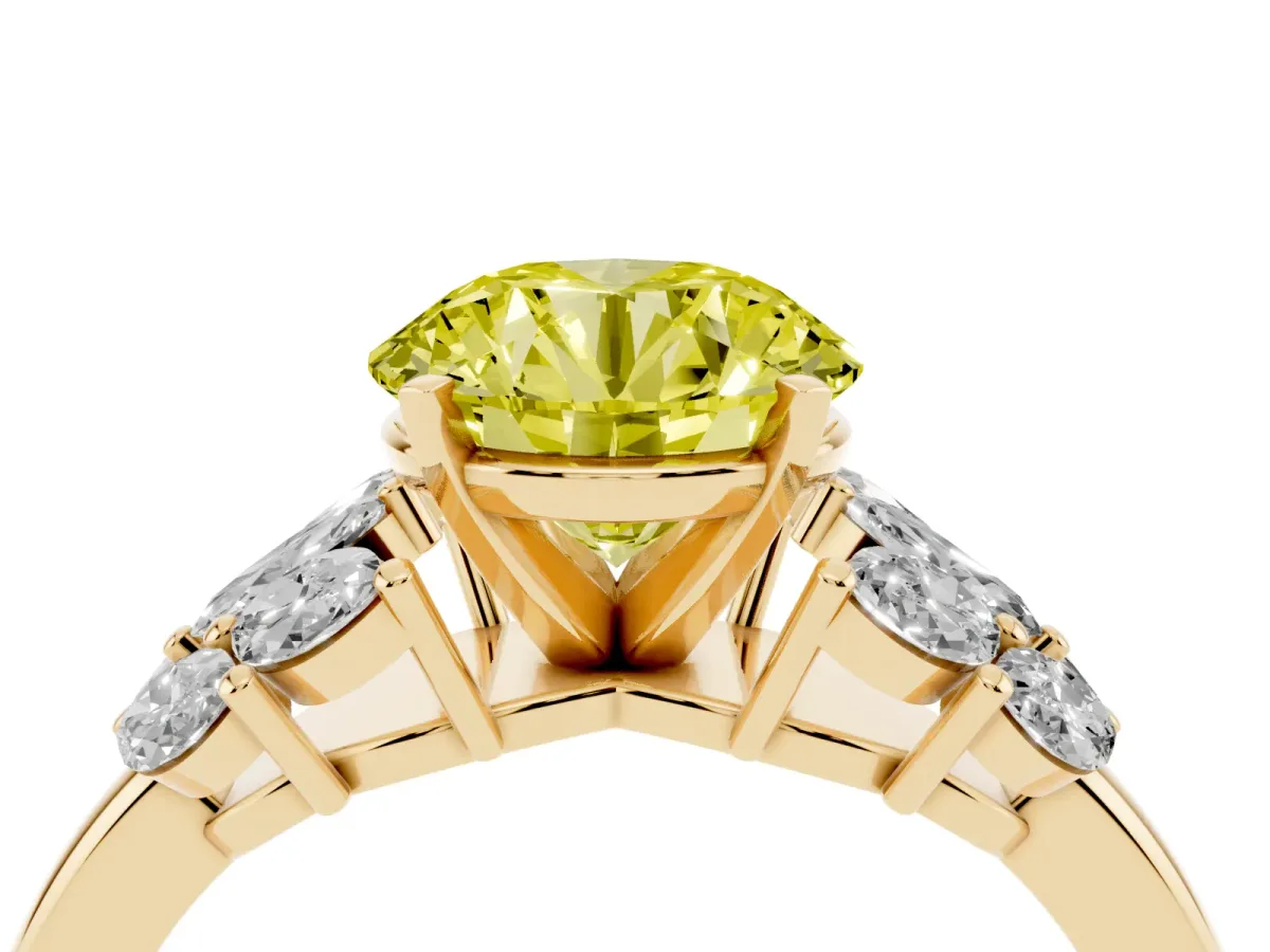 Fancy Yellow Round Cut Diamond Cluster Leaf Design Ring with Prong Setting Yellow gold