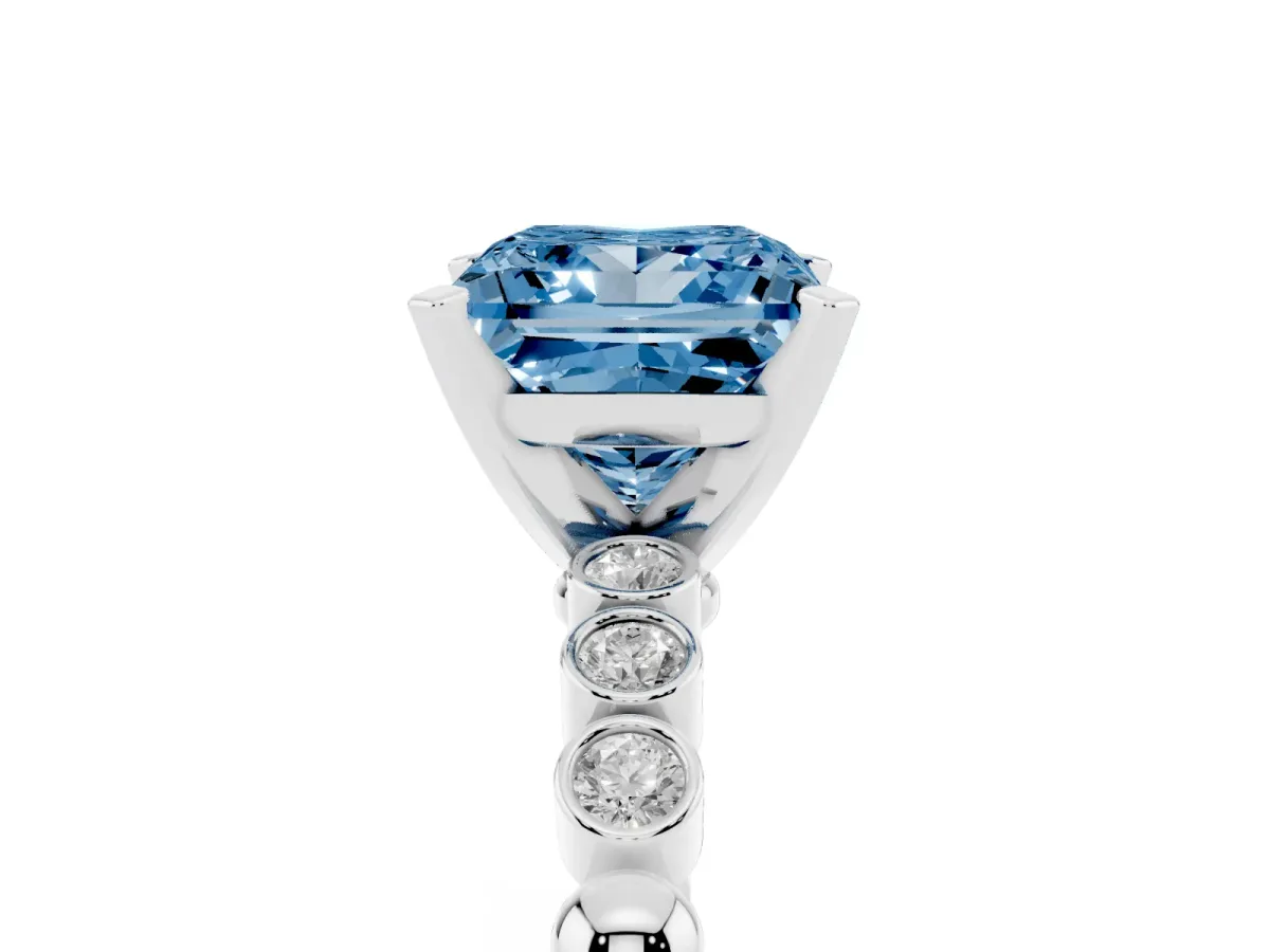 Fancy Blue Princess Cut Solitaire Bezel Accent Diamond Engagement Ring with Beaded Band and Four-Prong Setting Platinum