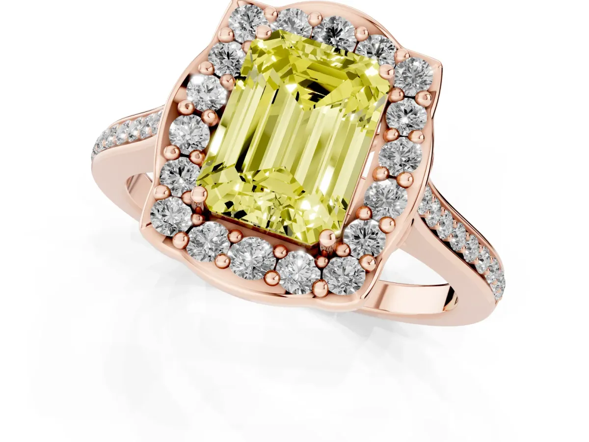 Fancy Yellow Emerald Cut Halo Round Diamond Pave Band with Four-Prong Setting Rose gold