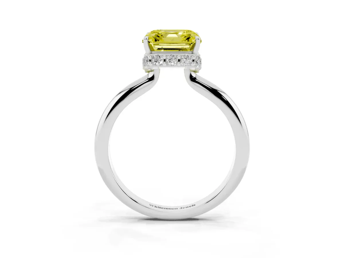 Fancy Yellow Asscher Cut Brilliant Solitaire Engagement Ring with Six-Prong Setting and Classic Band White gold