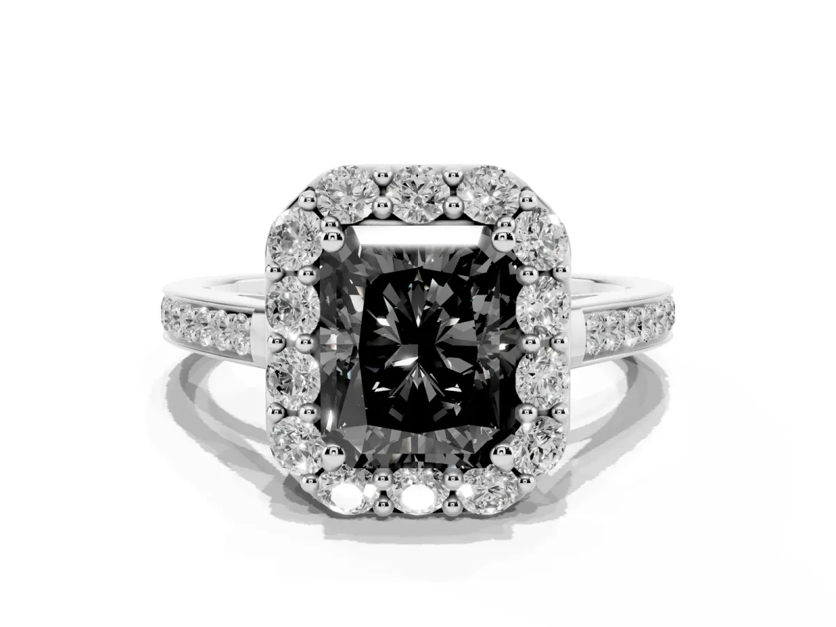 Fancy Black Radiant Cut Diamond Floral Halo Ring with Pavé Band and Prong Setting White gold