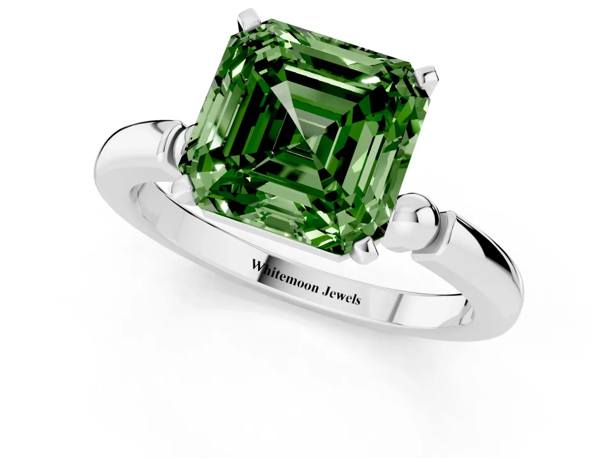 Fancy Green Asscher Cut Solitaire Beaded Band with Four-Prong Setting Silver
